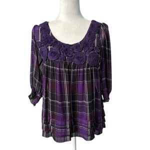 ECI NY Plum Rosette Plaid Blouse Top Size 4